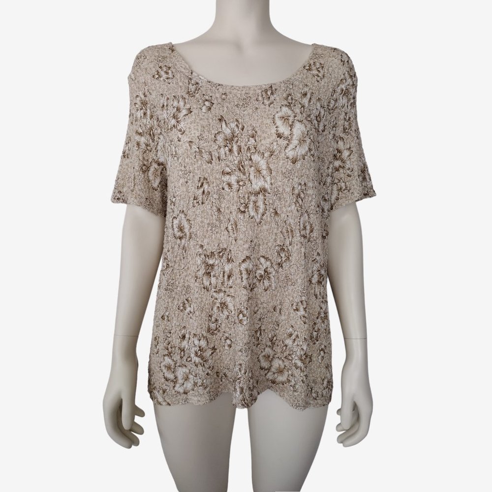Worthington Tan Floral Popcorn Textured Stretch Short Sleeved Blouse 1X